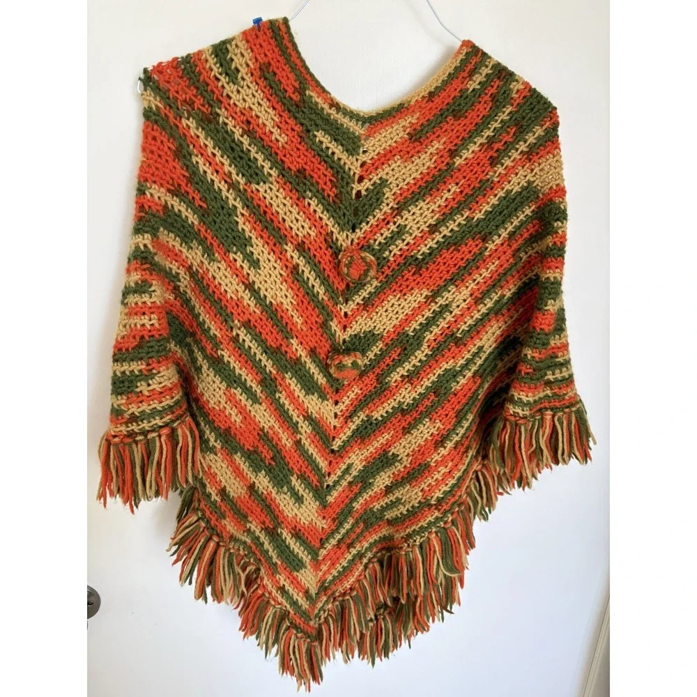 Vintage Crochet Granny Poncho Multicolor Fringe Boho Handmade Cape Wrap rainbow